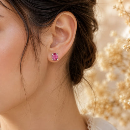 Oval pink Pink Tourmaline ear studs in 925 Sterling Silver with four-prong setting