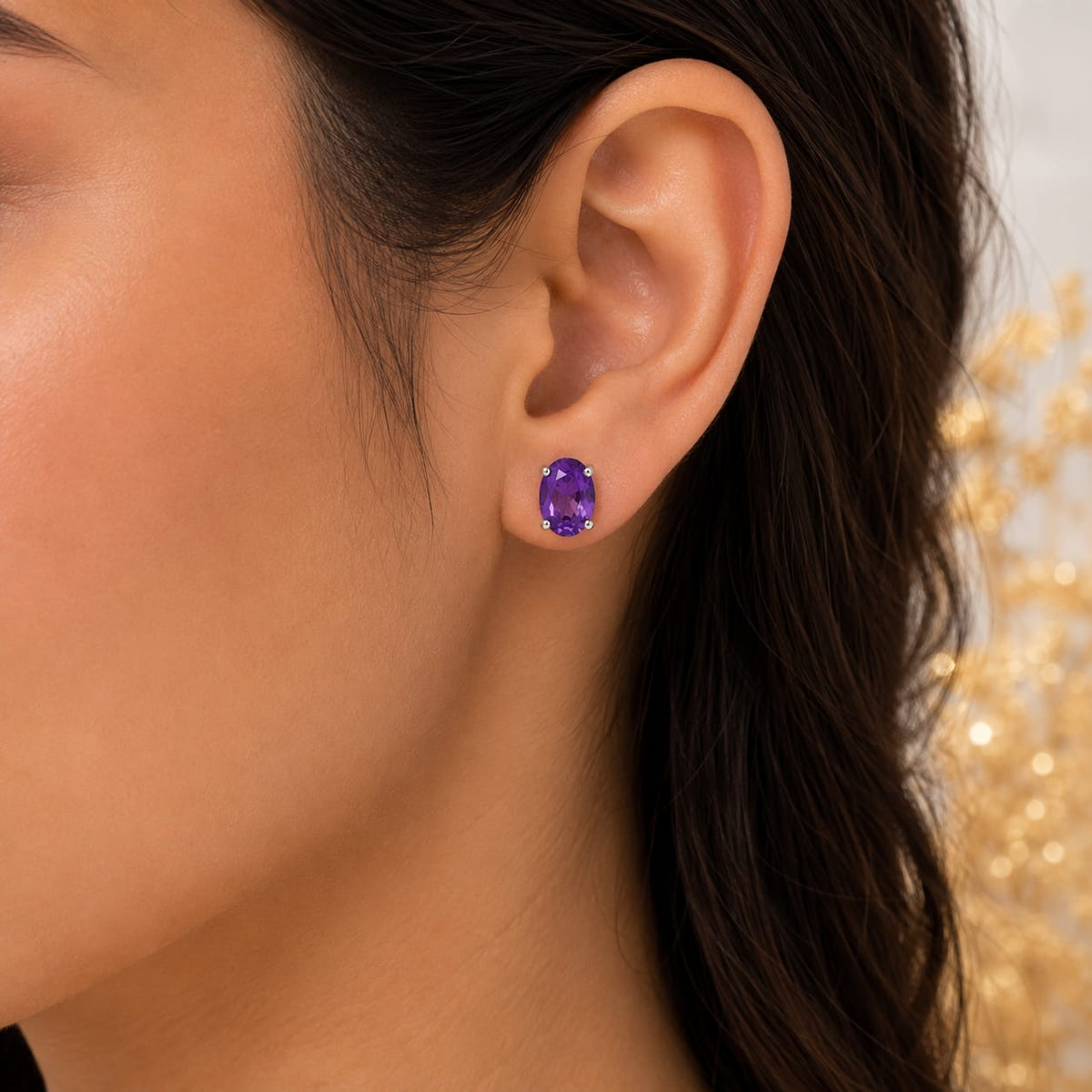 Oval purple Amethyst ear studs in 925 Sterling Silver with four-prong setting