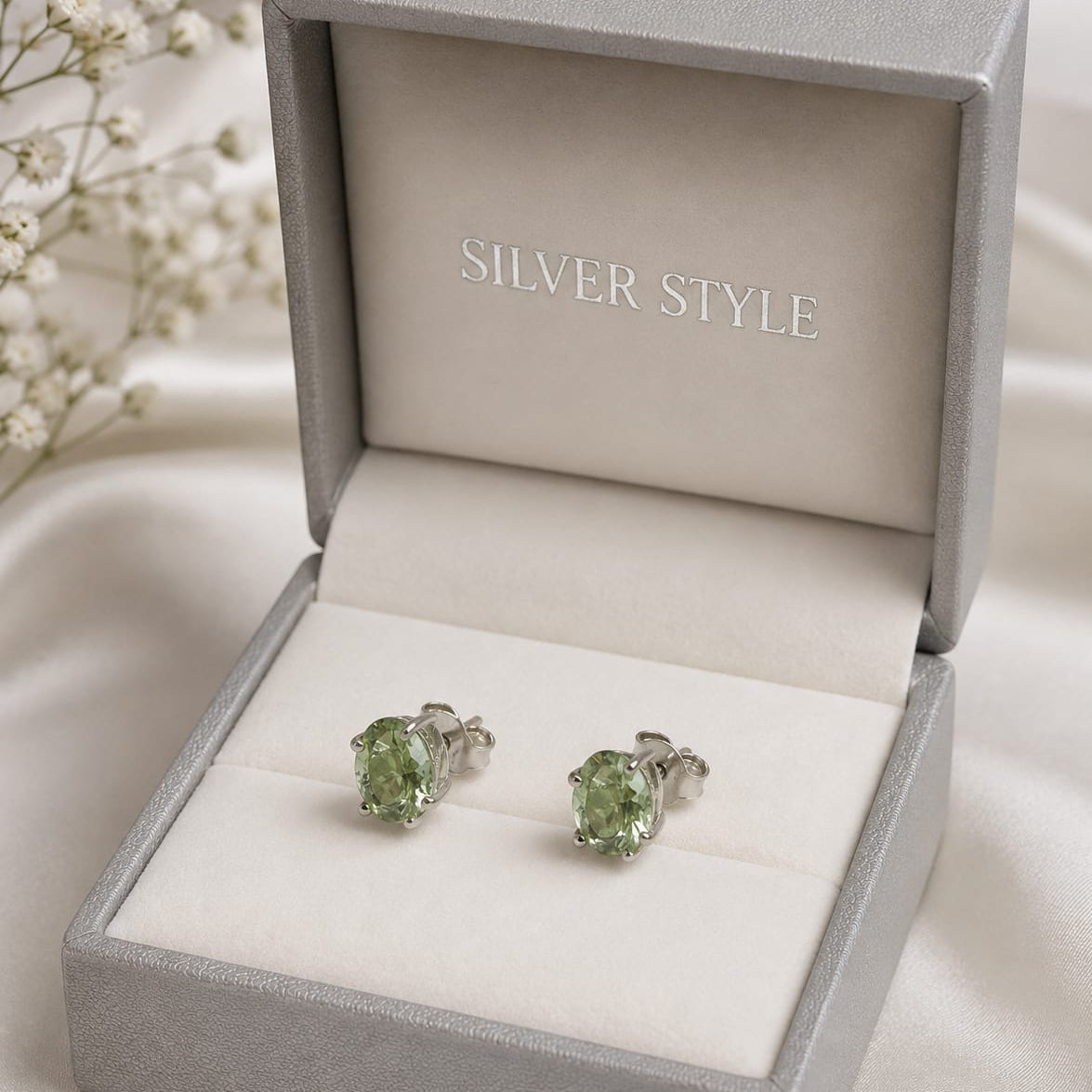Green Tourmaline ear studs with light green cushion-cut gemstones in 925 Sterling Silver