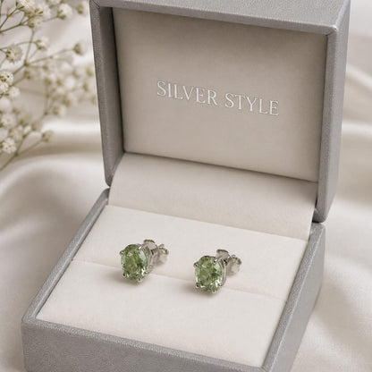 Green Tourmaline ear studs with light green cushion-cut gemstones in 925 Sterling Silver