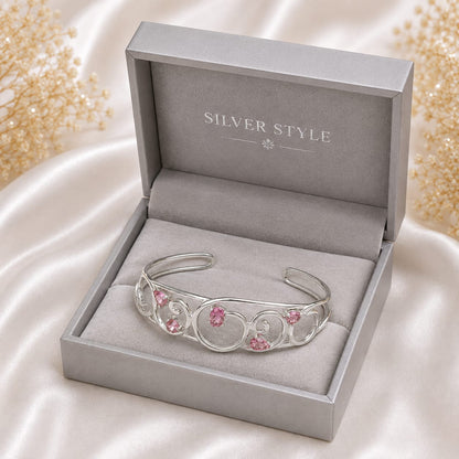 925 Sterling Silver Open Cuff Bangle with Swirl Filigree Design and Pink Tourmaline Gemstones