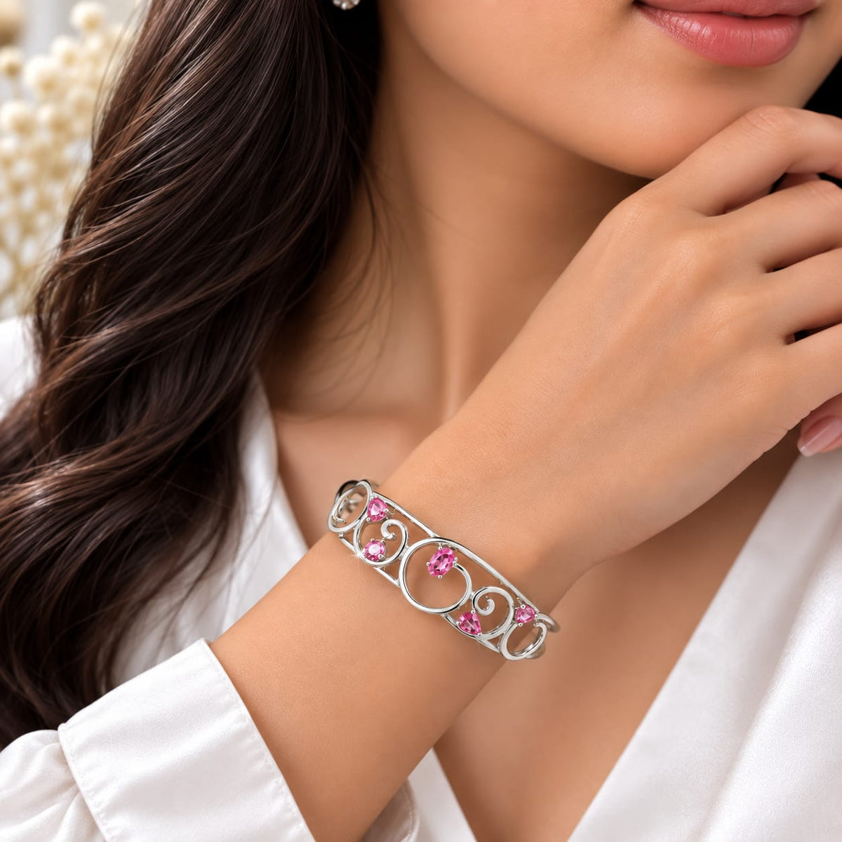 925 Sterling Silver Open Cuff Bangle with Swirl Filigree Design and Pink Tourmaline Gemstones