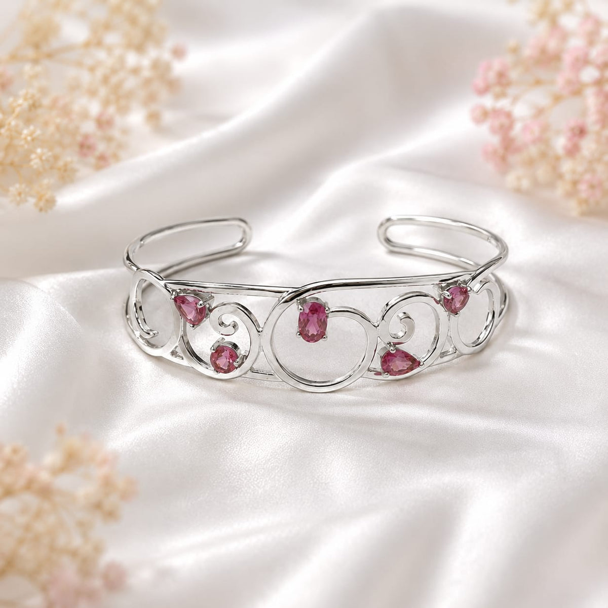 925 Sterling Silver Open Cuff Bangle with Swirl Filigree Design and Pink Tourmaline Gemstones