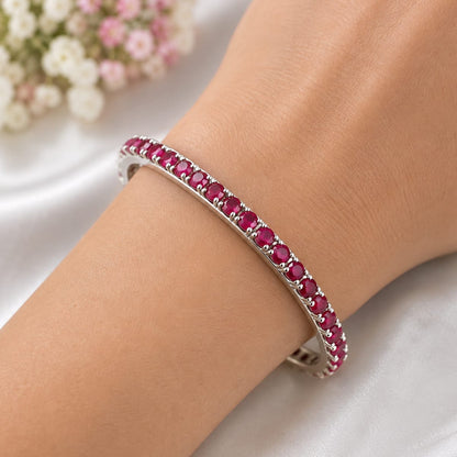 Pair of 925 Sterling Silver Eternity Bangles Studded with Round Red Ruby Gemstones