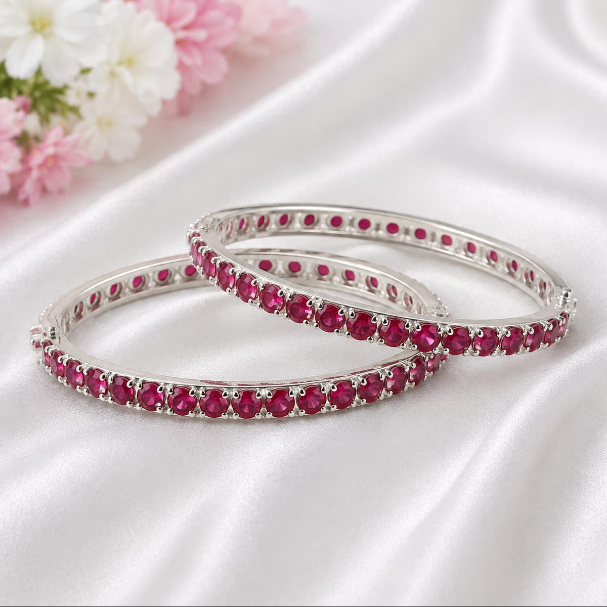 Pair of 925 Sterling Silver Eternity Bangles Studded with Round Red Ruby Gemstones