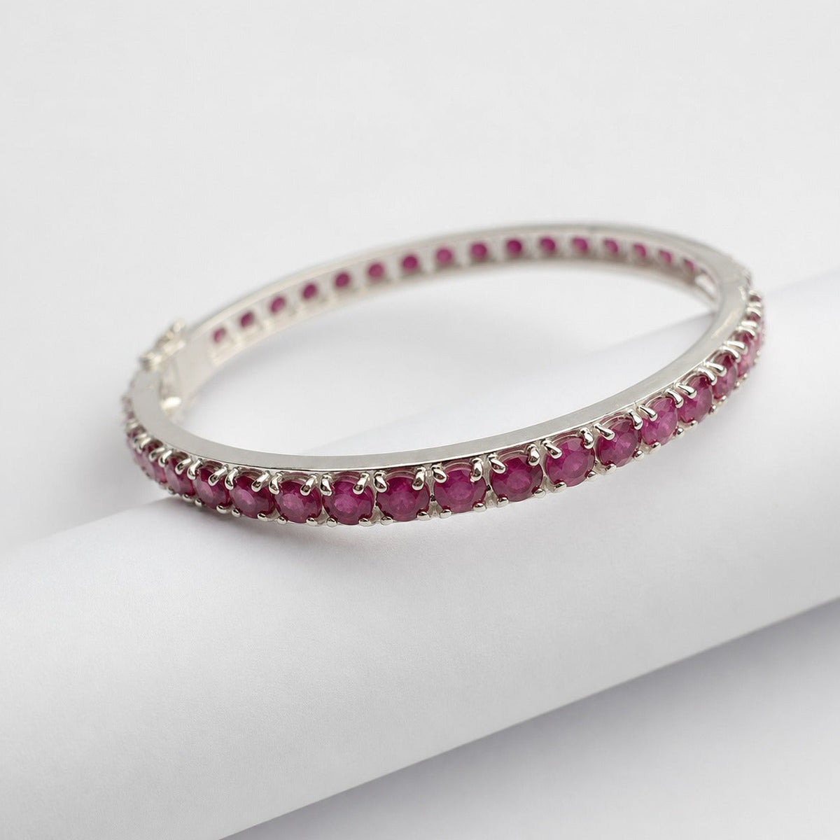 Pair of 925 Sterling Silver Eternity Bangles Studded with Round Red Ruby Gemstones