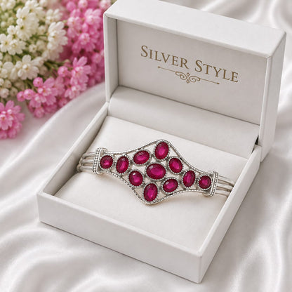 925 Sterling Silver Statement Cuff Bangle Set with Oval Red Ruby Gemstones in a Beaded Frame Design