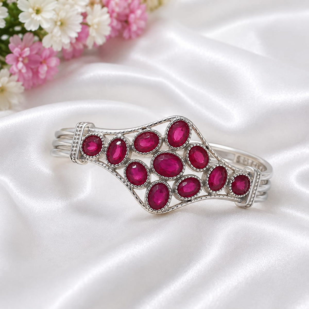 925 Sterling Silver Statement Cuff Bangle Set with Oval Red Ruby Gemstones in a Beaded Frame Design