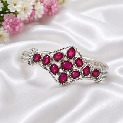 925 Sterling Silver Statement Cuff Bangle Set with Oval Red Ruby Gemstones in a Beaded Frame Design