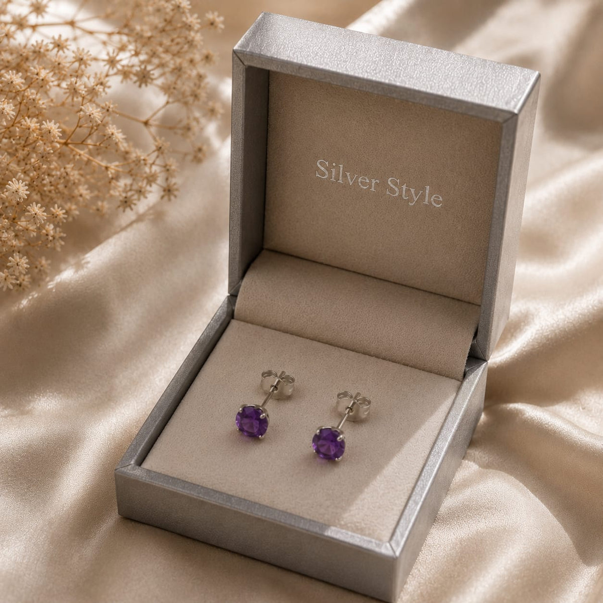 Round purple Amethyst ear studs in 925 Sterling Silver with six-prong setting
