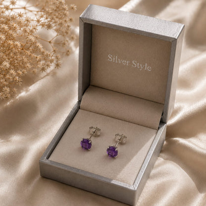 Round purple Amethyst ear studs in 925 Sterling Silver with six-prong setting