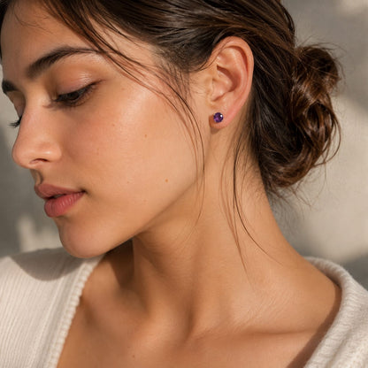 Round purple Amethyst ear studs in 925 Sterling Silver with six-prong setting