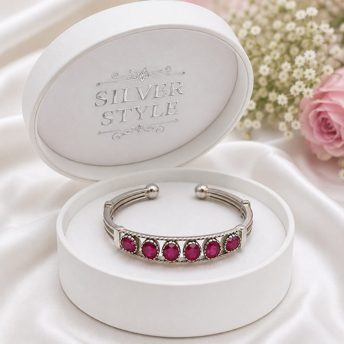 925 Sterling Silver Open Cuff Bangle Featuring Oval Red Ruby Gemstones with Ball End Accents