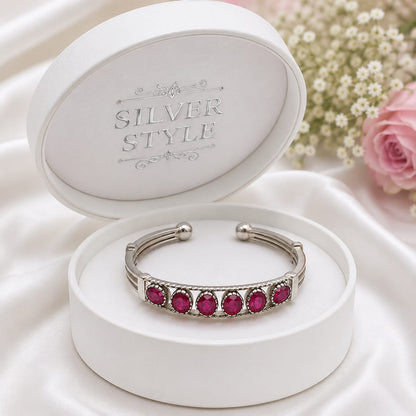925 Sterling Silver Open Cuff Bangle Featuring Oval Red Ruby Gemstones with Ball End Accents