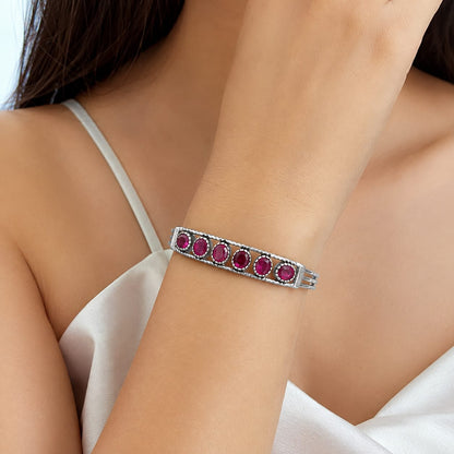 925 Sterling Silver Open Cuff Bangle Featuring Oval Red Ruby Gemstones with Ball End Accents