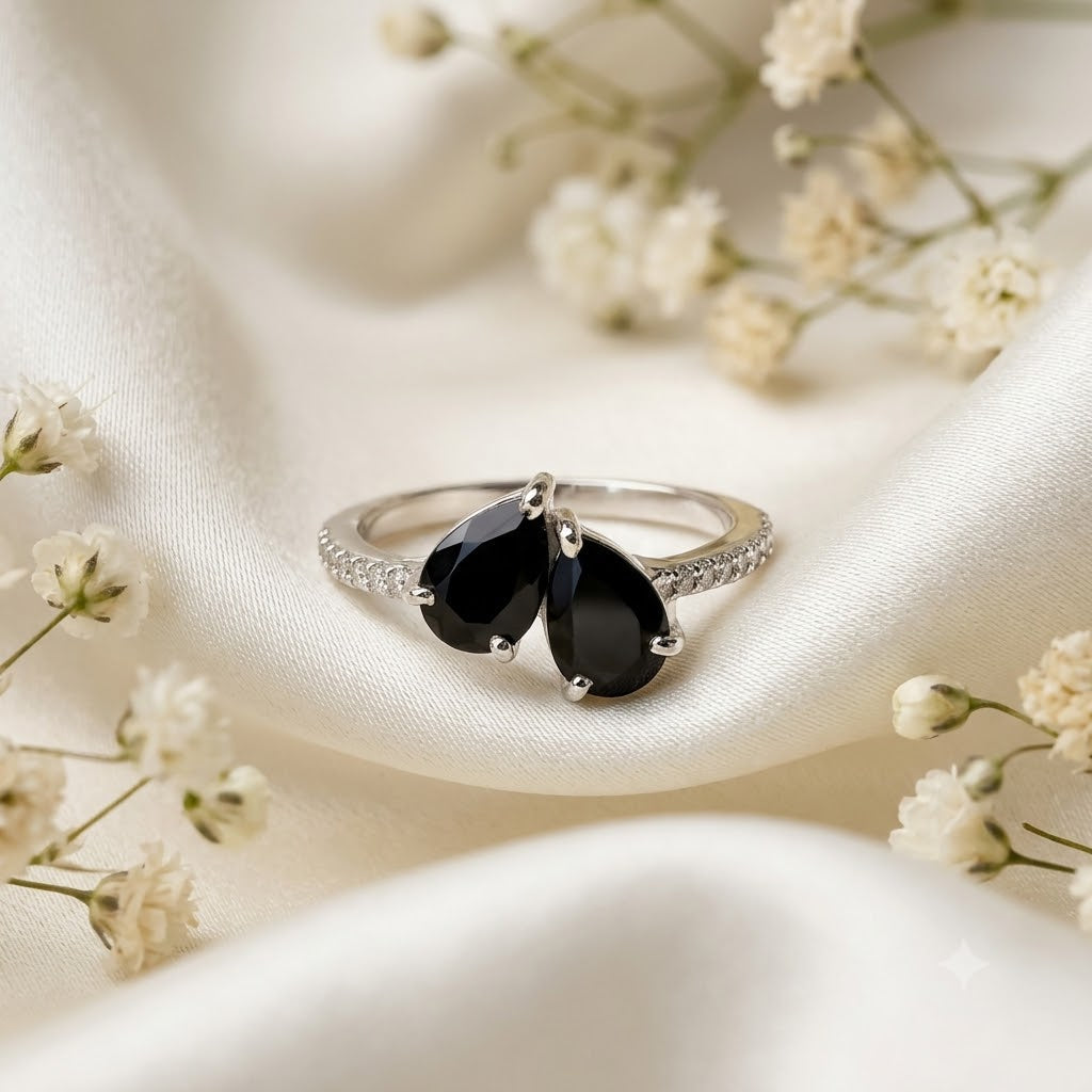 Twin Black Onyx Ring in 925 Sterling Silver Jewelry