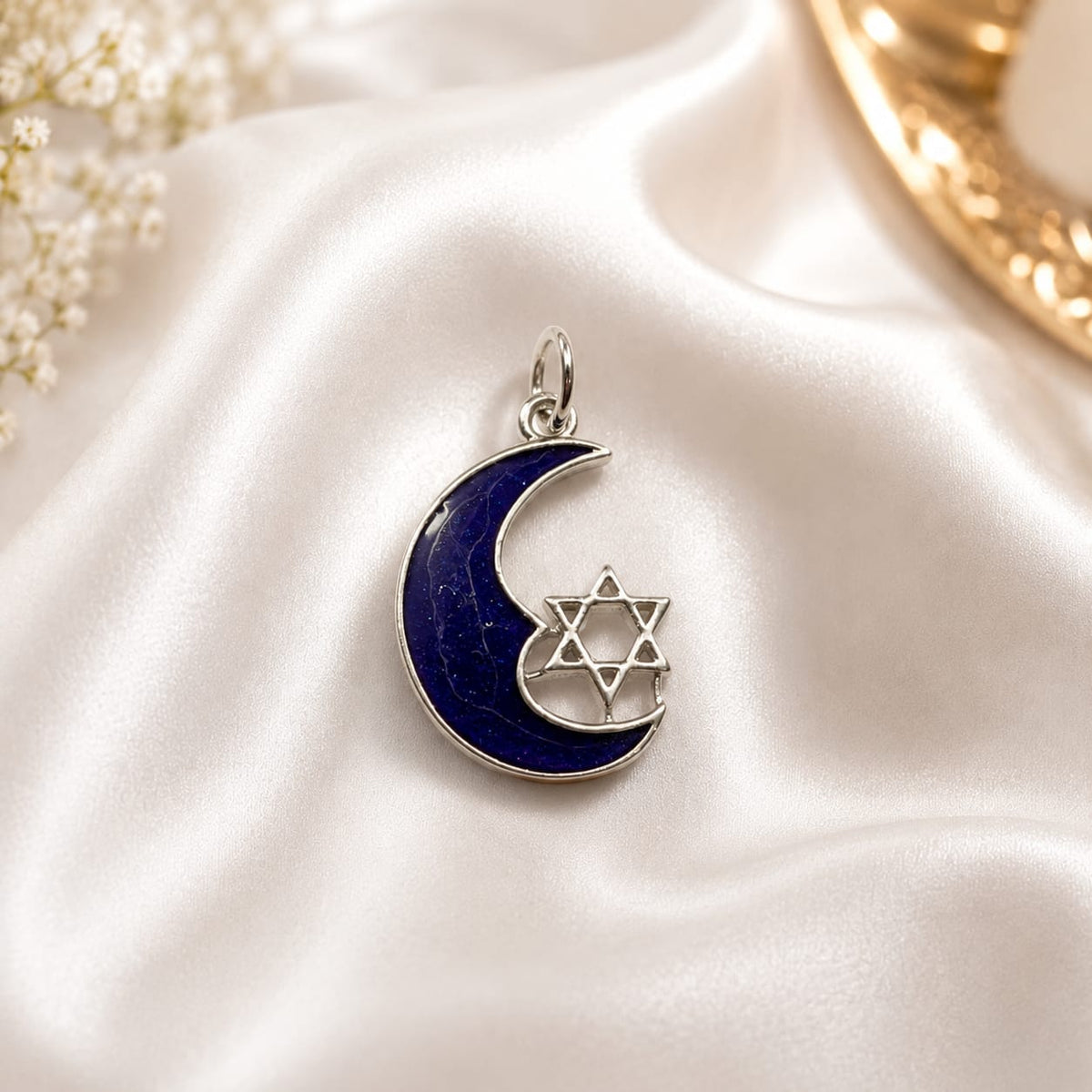 Celestial Crescent Moon and Star of David charm in blue and silver