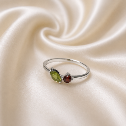 Peridot and Garnet Dainty Bypass Ring in 925 Sterling Silver
