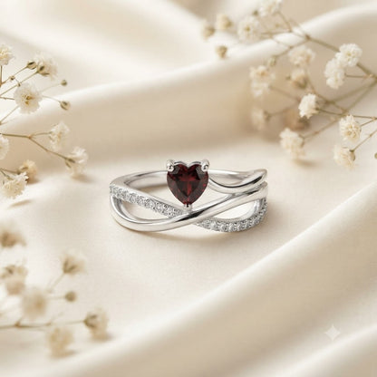 Red Garnet Heart Infinity Ring in 925 Sterling Silver
