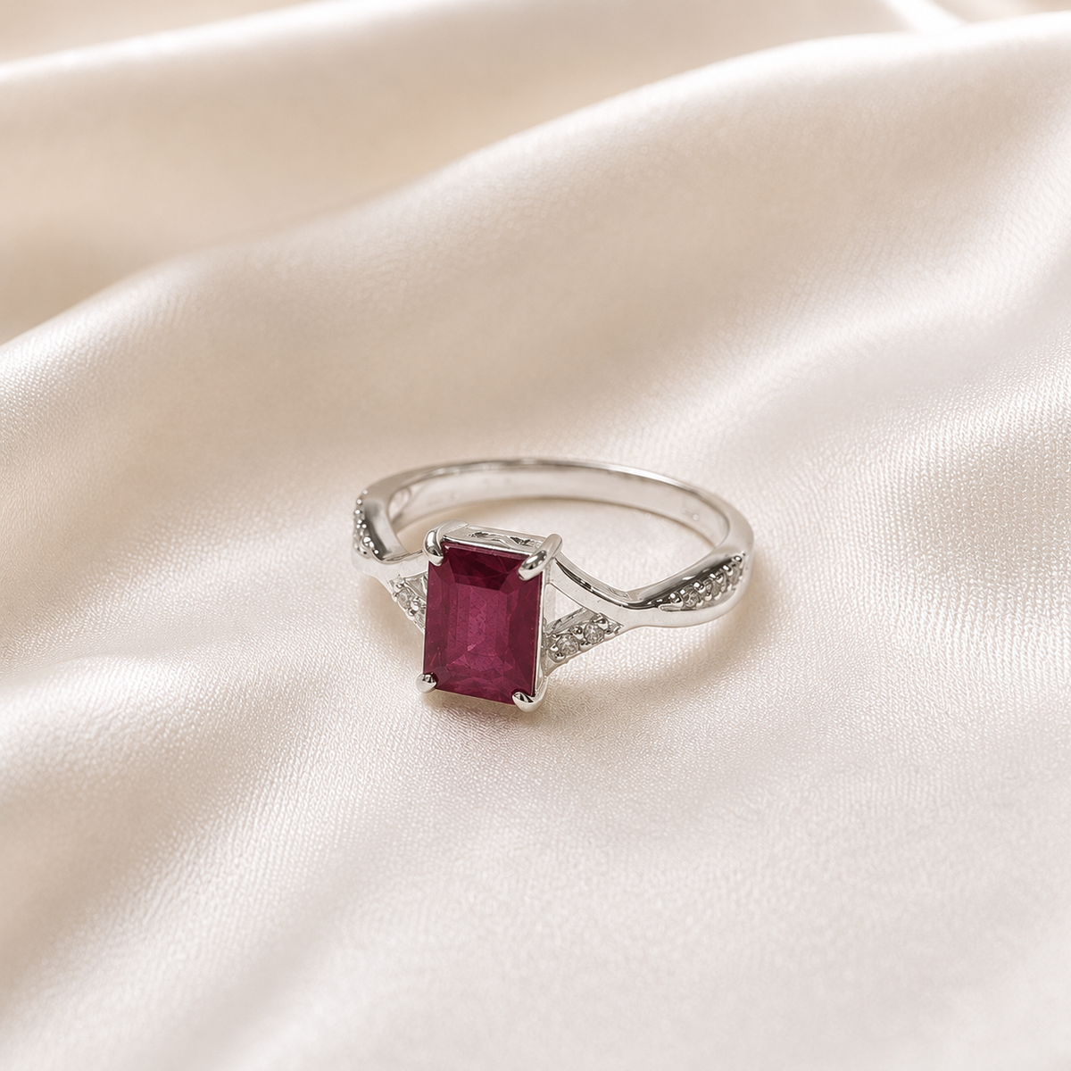 Emerald-Cut Ruby Ring with Accents in 925 Sterling Silver