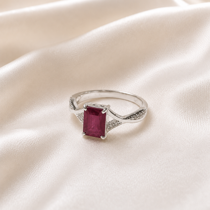 Emerald-Cut Ruby Ring with Accents in 925 Sterling Silver