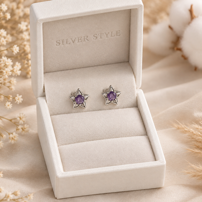 Amethyst star stud earrings in 925 sterling silver by Silver Style