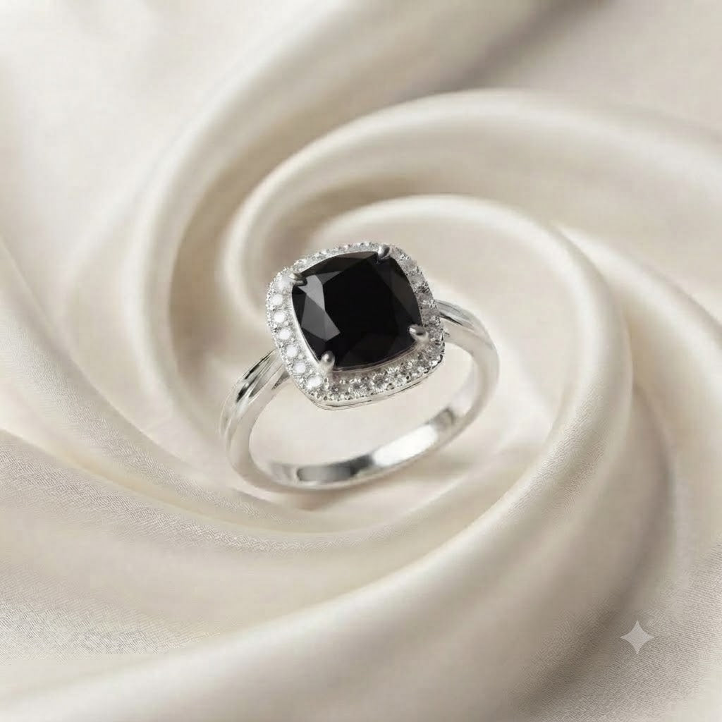 Halo Black Onyx Ring in 925 Sterling Silver with Cushion Black Onyx