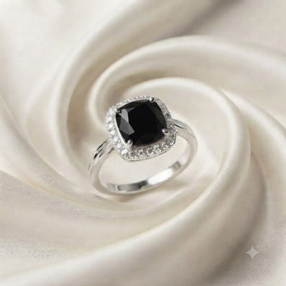 Halo Black Onyx Ring in 925 Sterling Silver with Cushion Black Onyx
