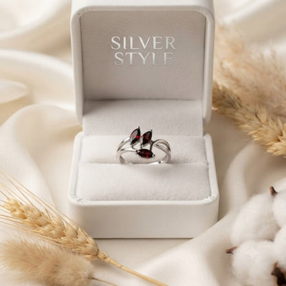 Red Garnet Marquise Bypass Ring in 925 Sterling Silver