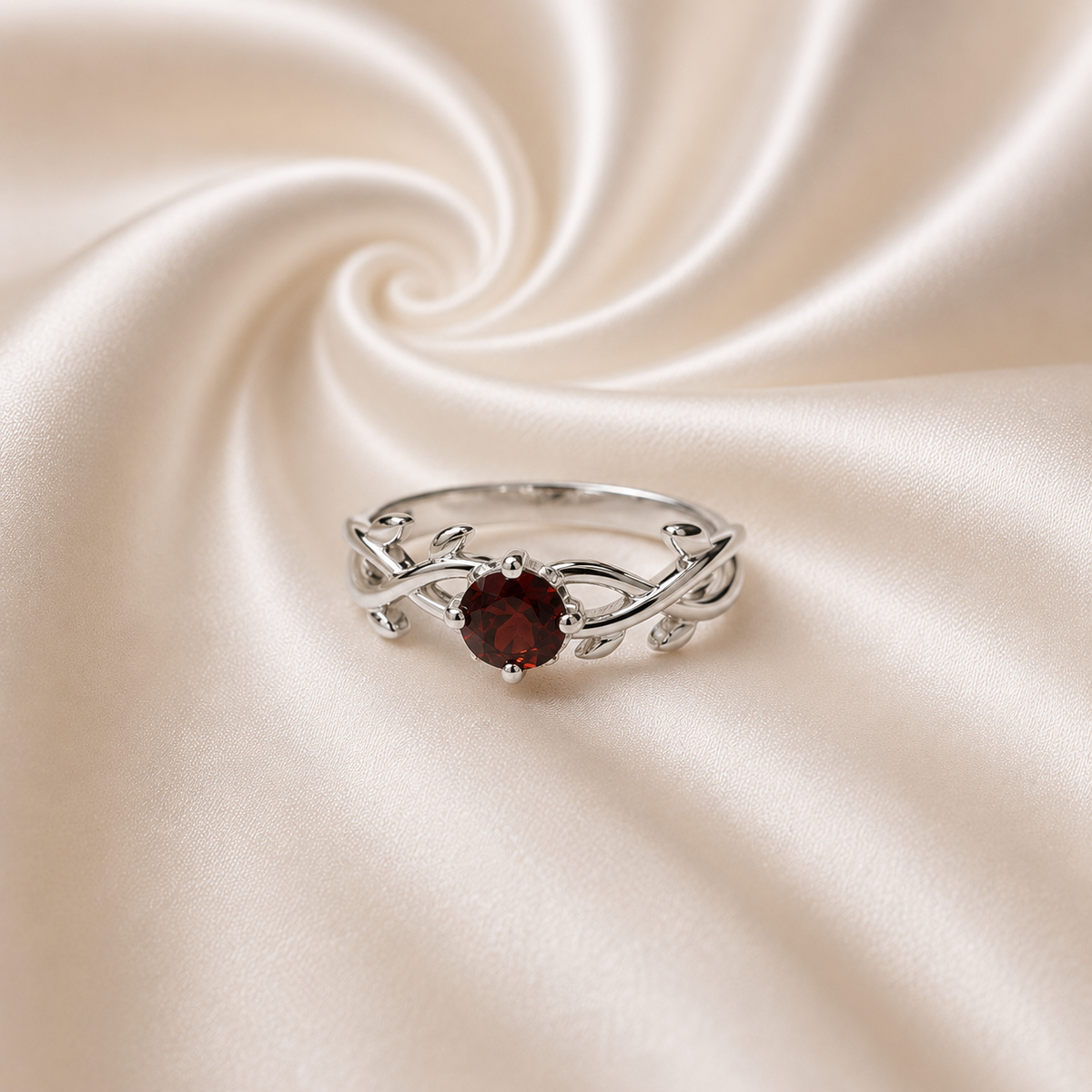 Red Garnet Nature Inspired Leaf Ring in 925 Sterling Silver