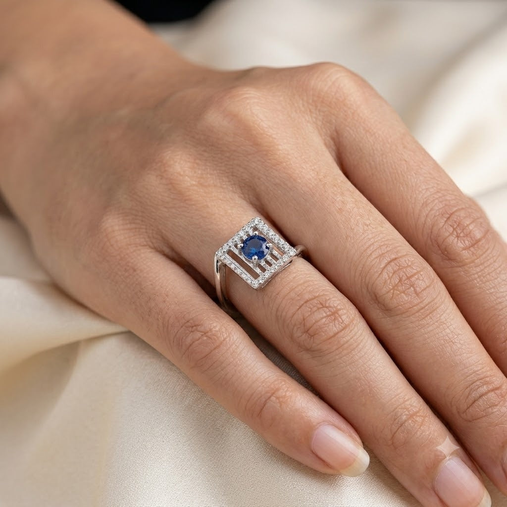 Blue Sapphire Square Ring 925 Silver