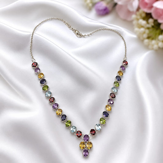925 Sterling Silver Multi Gemstone Necklace with Colorful Oval Cut Stones and Drop Pendant
