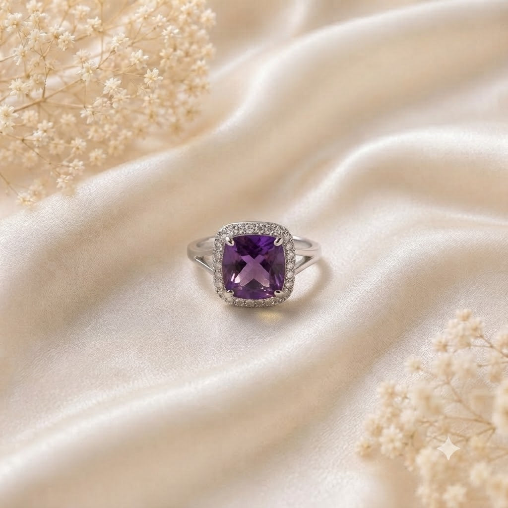 Halo Amethyst Ring in 925 Sterling Silver featuring a cushion cut purple Amethyst with a halo setting
