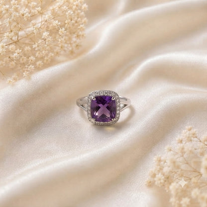 Halo Amethyst Ring in 925 Sterling Silver featuring a cushion cut purple Amethyst with a halo setting