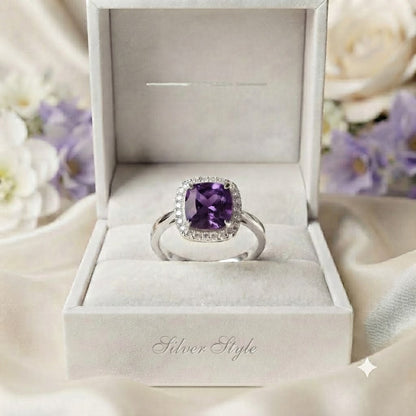 Halo Amethyst Ring in 925 Sterling Silver featuring a cushion cut purple Amethyst with a halo setting
