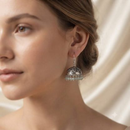 Handcrafted aquamarine and silver jhumka earrings