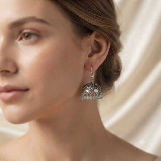 Handcrafted aquamarine and silver jhumka earrings