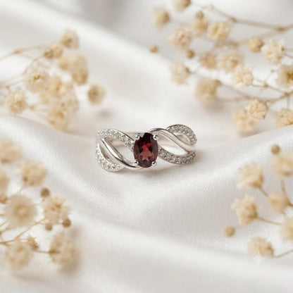 Oval Garnet Twisted Band Ring in 925 Sterling Silver