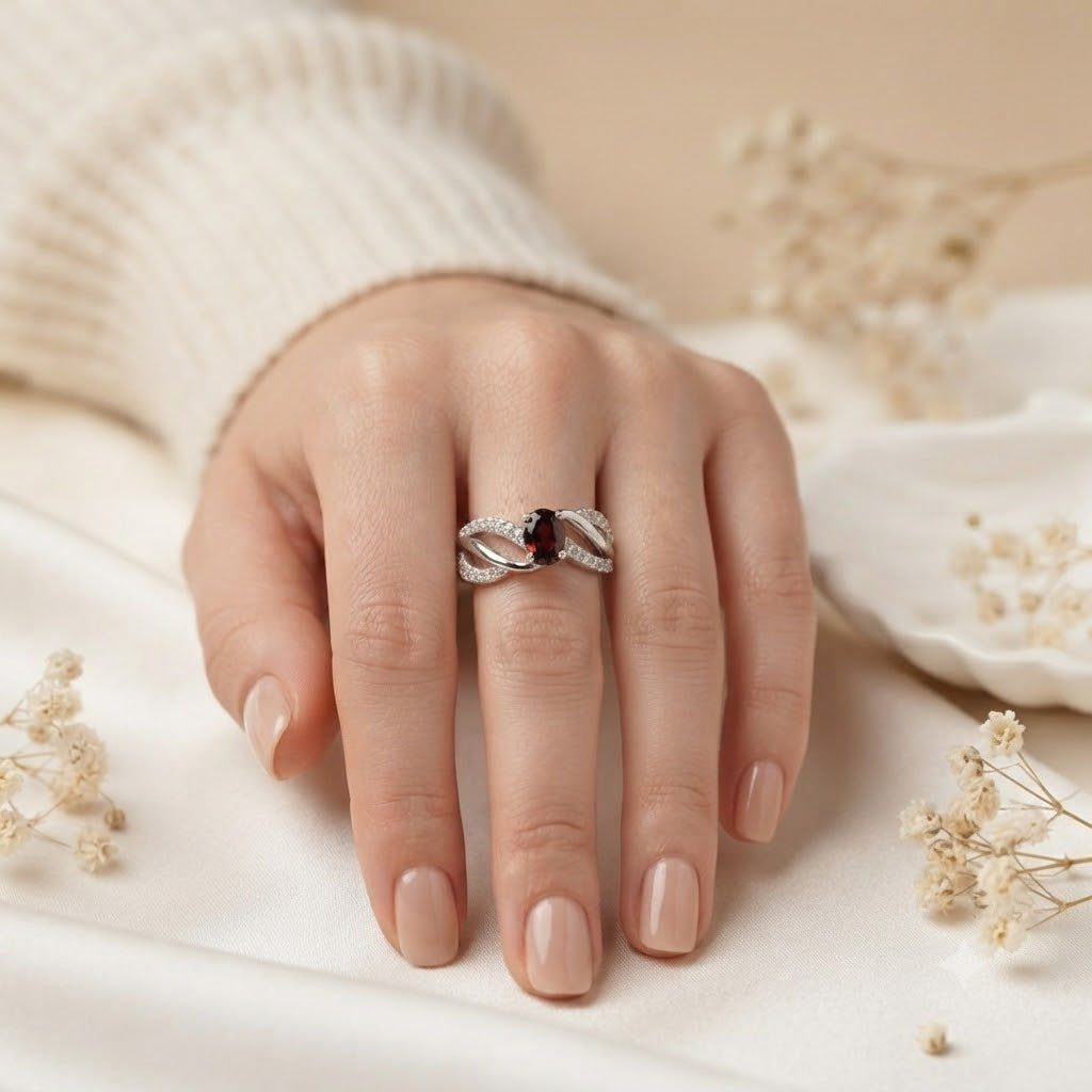 Oval Garnet Twisted Band Ring in 925 Sterling Silver
