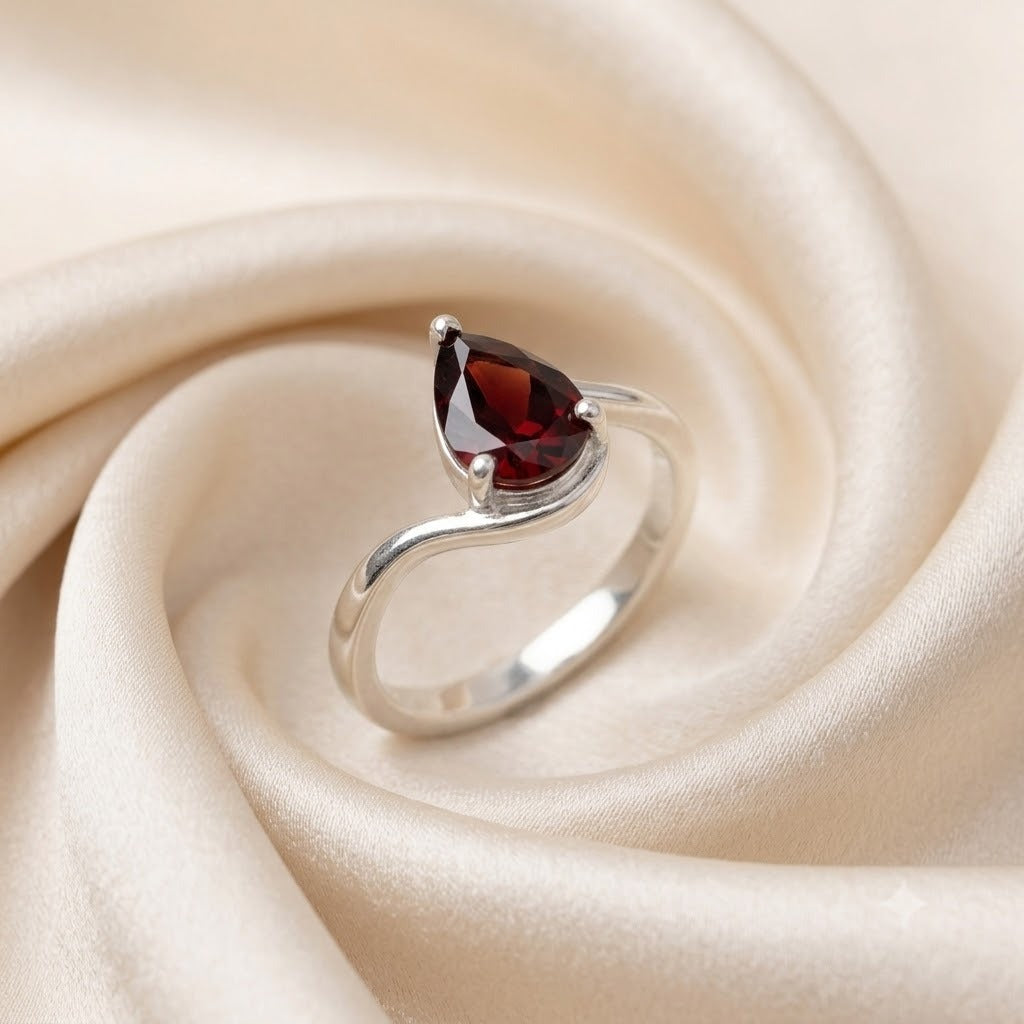 Red Garnet Pear Cut Bypass Ring in 925 Sterling Silver