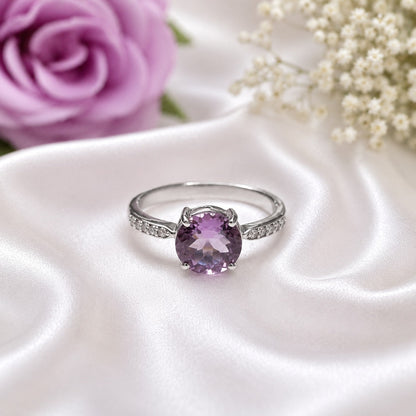 Round Amethyst Solitaire Ring in Authentic 925 Sterling Silver for Women