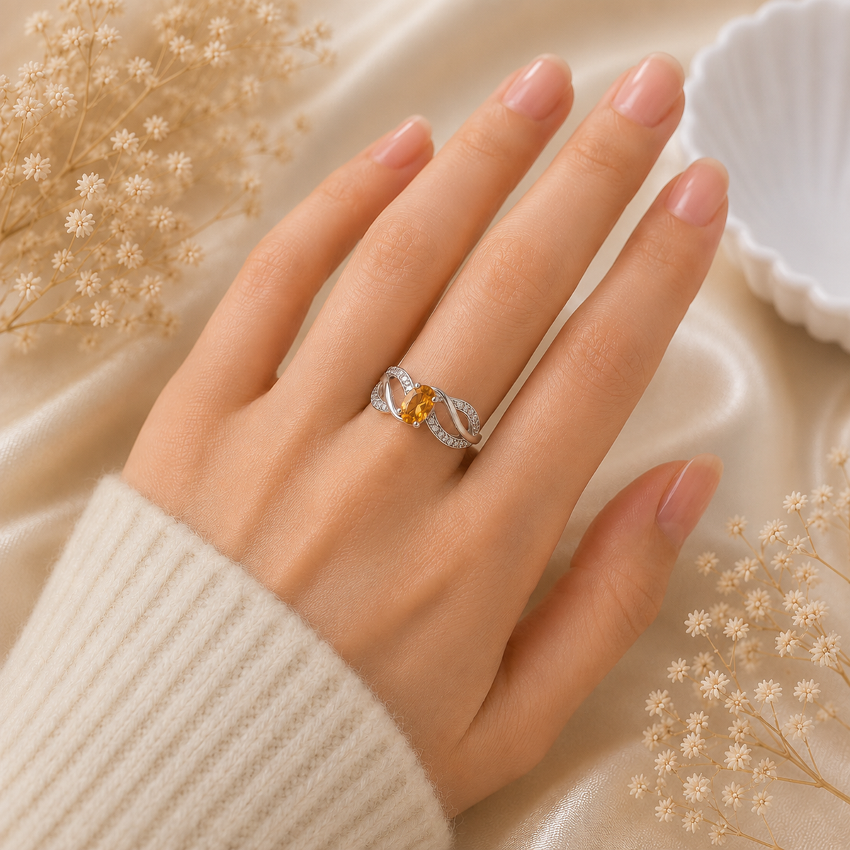 Intertwined Citrine Ring crafted in 925 Sterling Silver with a yellow oval cut Citrine gemstone and detailed silver design.