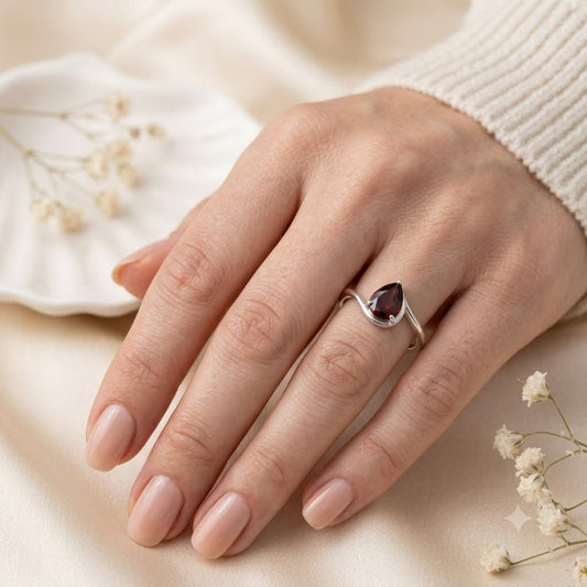 Red Garnet Pear Cut Bypass Ring in 925 Sterling Silver