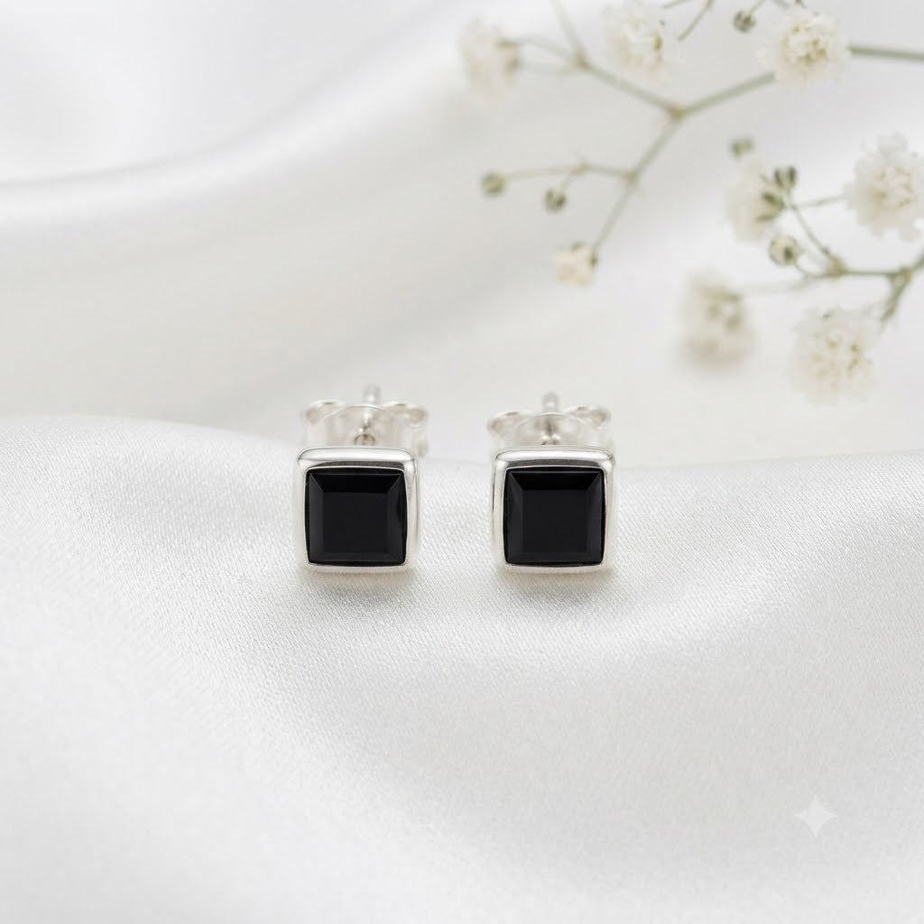 Black Onyx square stud earrings in 925 sterling silver