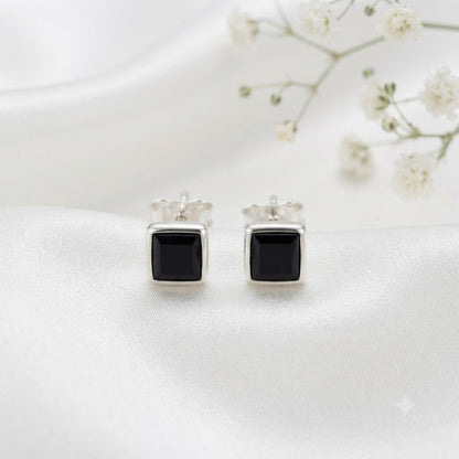 Black Onyx square stud earrings in 925 sterling silver