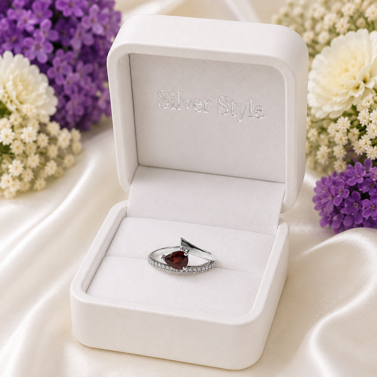 Pear Garnet Bypass Ring in 925 Sterling Silver