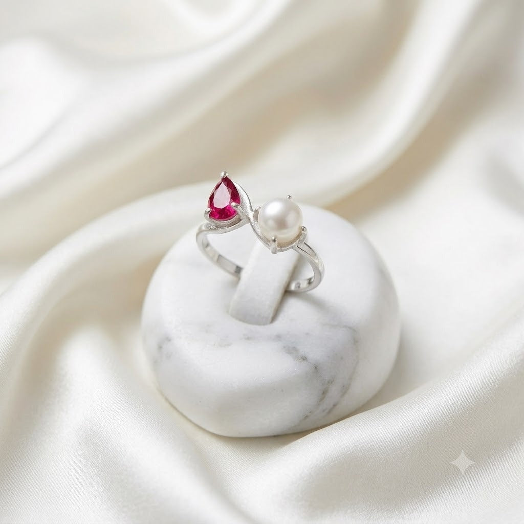 Pear-Cut Ruby and Pearl Bypass Ring in 925 Sterling Silver