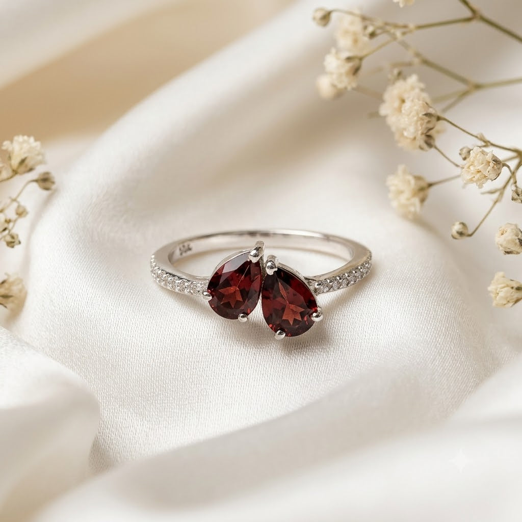 Red Garnet Double Pear Bypass Ring in 925 Sterling Silver