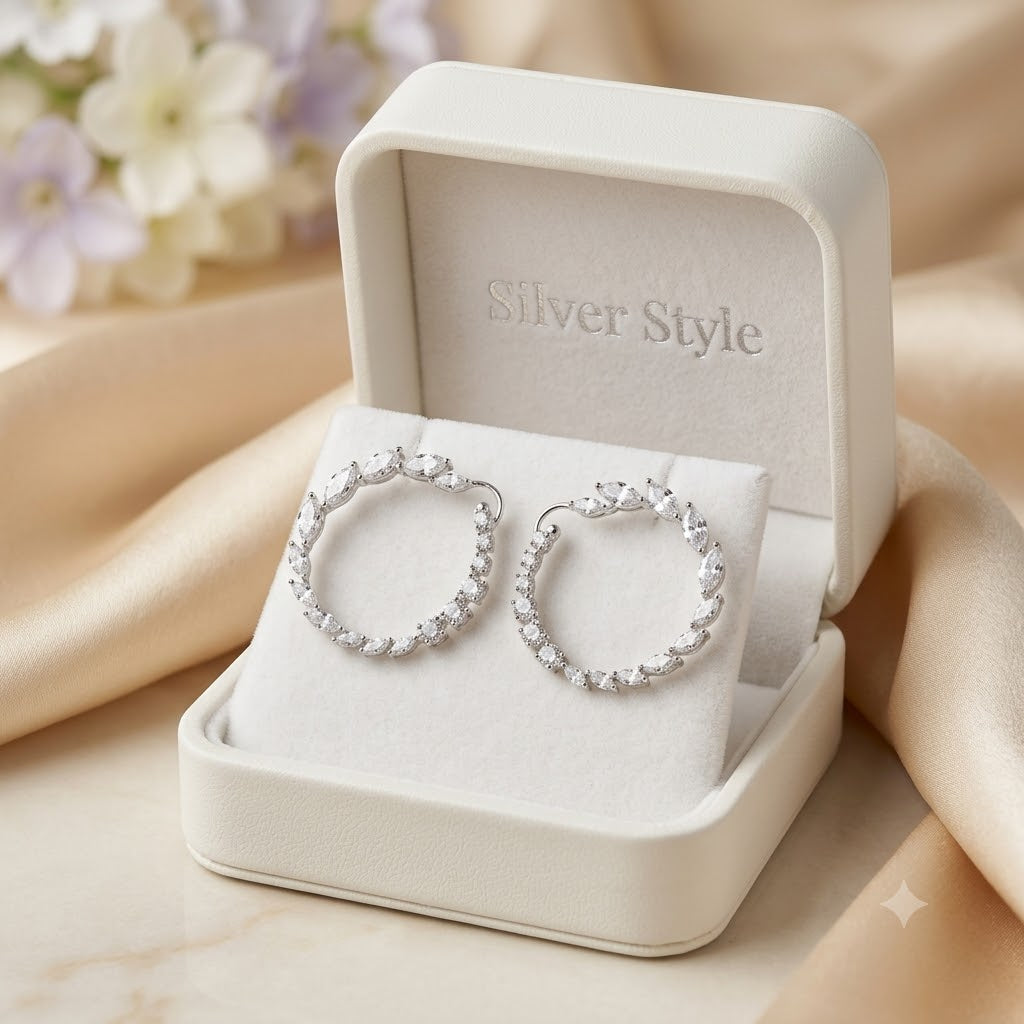 Marquise and round CZ hoop earrings crafted in 925 Sterling Silver