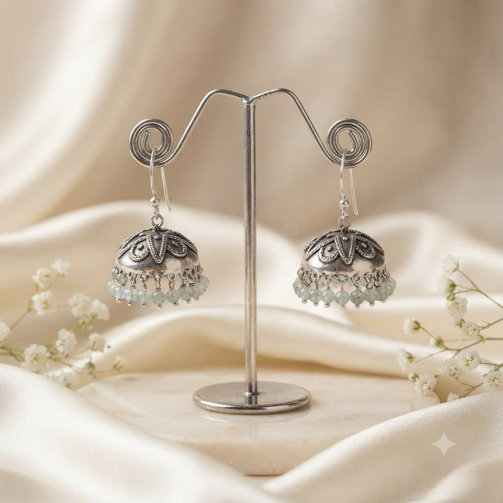 Handcrafted aquamarine and silver jhumka earrings